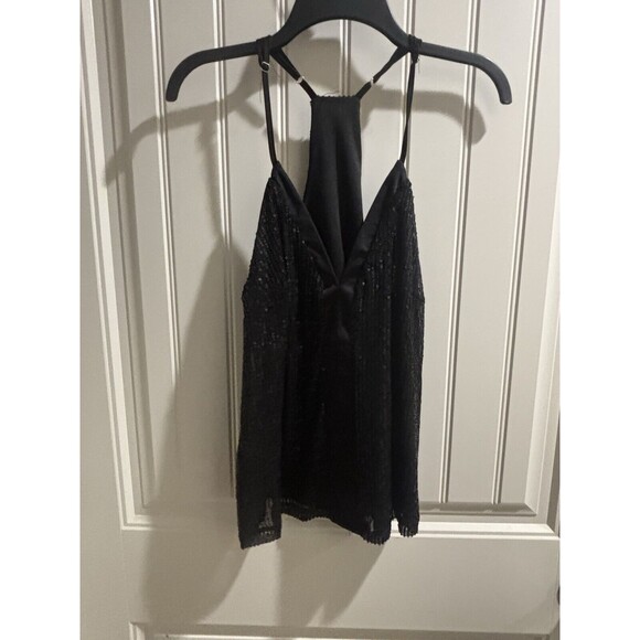 Women’s Black Sequin T-Back Spaghetti Strap Lined Top Measurements In Desc - Picture 2 of 5